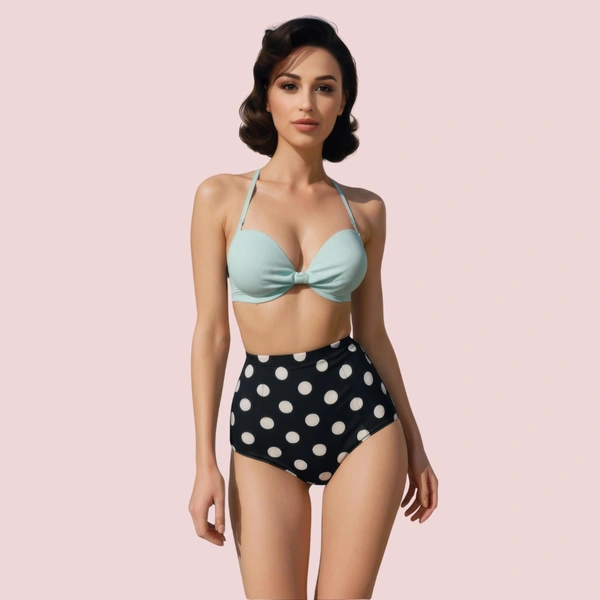 NAUGHTYGALZ Retro Halter Neck & Bow-Front Sweetheart Bikini Topa in Mint (Top Only) - 34, Tower Gray