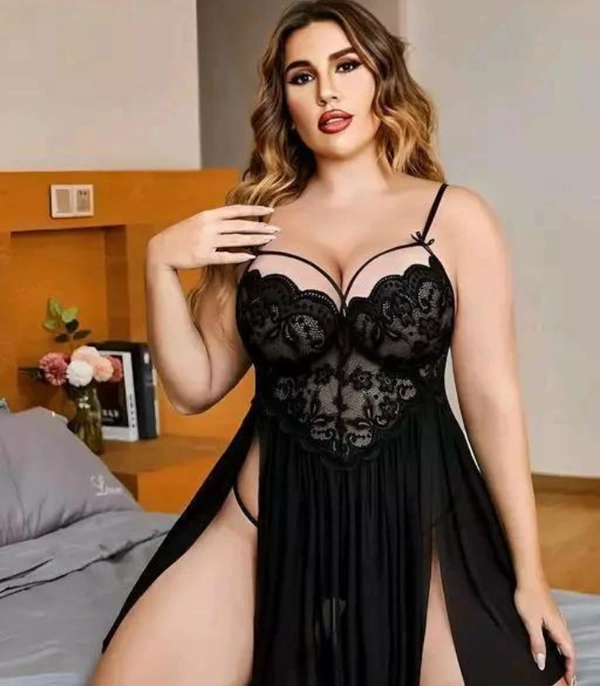 NAUGHTYGALZ French Daina Lace and Mesh Babydoll Nightwear - Black, M