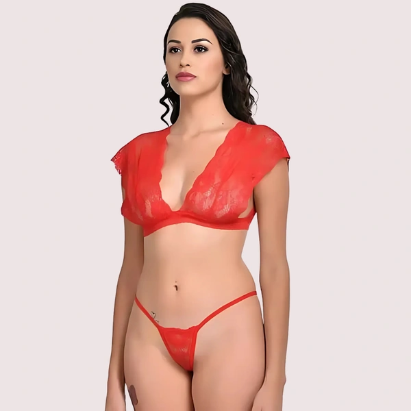 NAUGHTYGALZ Very Sexy Red Lace Bra G-String Set - Free Size, Sunset Orange