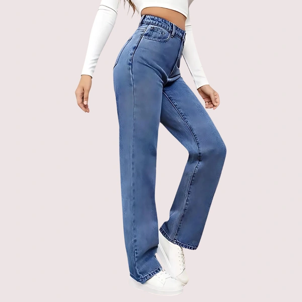 NAUGHTYGALZ High Waisted Washed Straight Leg Jeans for Women - Bismark, 34