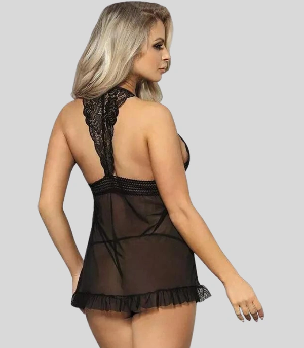 NAUGHTYGALZ Seductive Lace Babydoll Mini Nightwear Dress - Black, Free Size