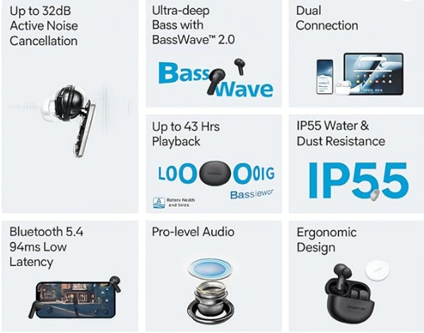 Nord Buds 3 Pro Wireless Earbuds | Bluetooth Earphones with Type-C Charging, Up to 39 Hours Playtime