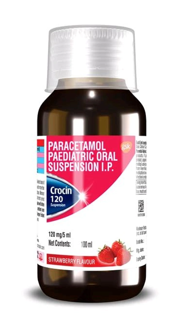 Crocin 120 Suspension 100ml(Crocin 120 Paracetamol Paediatric Oral Suspension | Flavour Strawberry)
