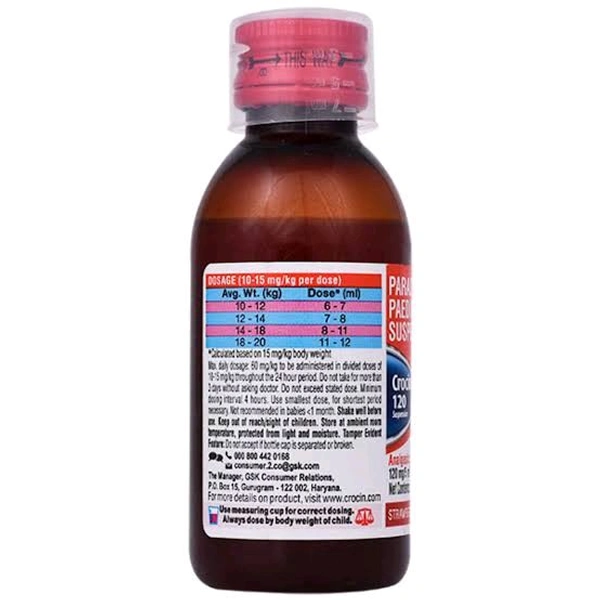 Crocin 120 Suspension 100ml(Crocin 120 Paracetamol Paediatric Oral Suspension | Flavour Strawberry)