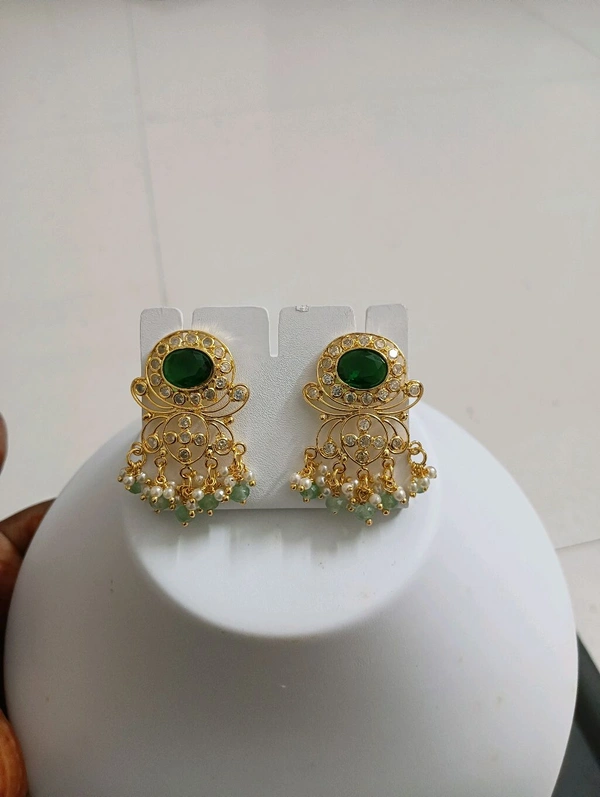 Gold Replica Earrings With Polki Stones - Green, HD