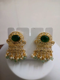 Gold Replica Earrings With Polki Stones - Green, HD