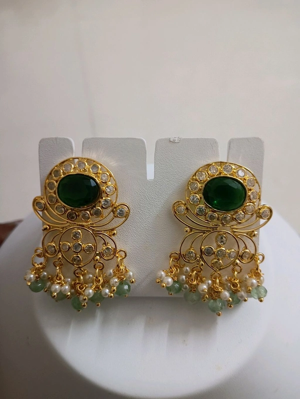 Gold Replica Earrings With Polki Stones - Green, HD