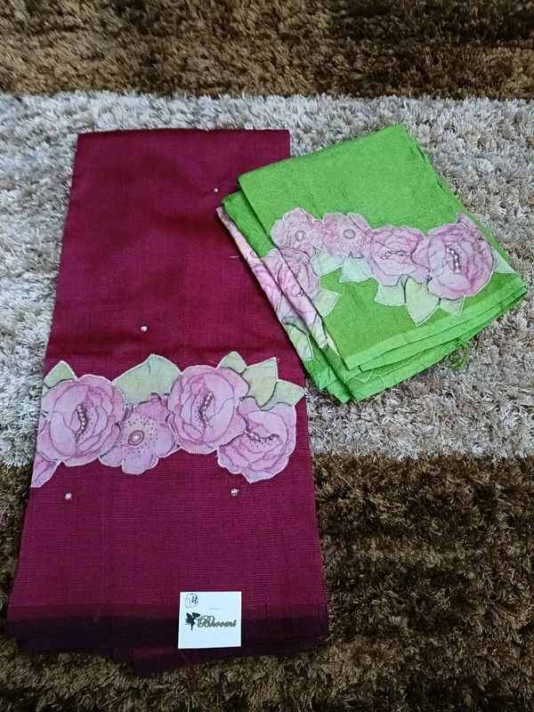 Pure Handloom Mangalagiri Pattu With Rose Applique Work - Maroon 14