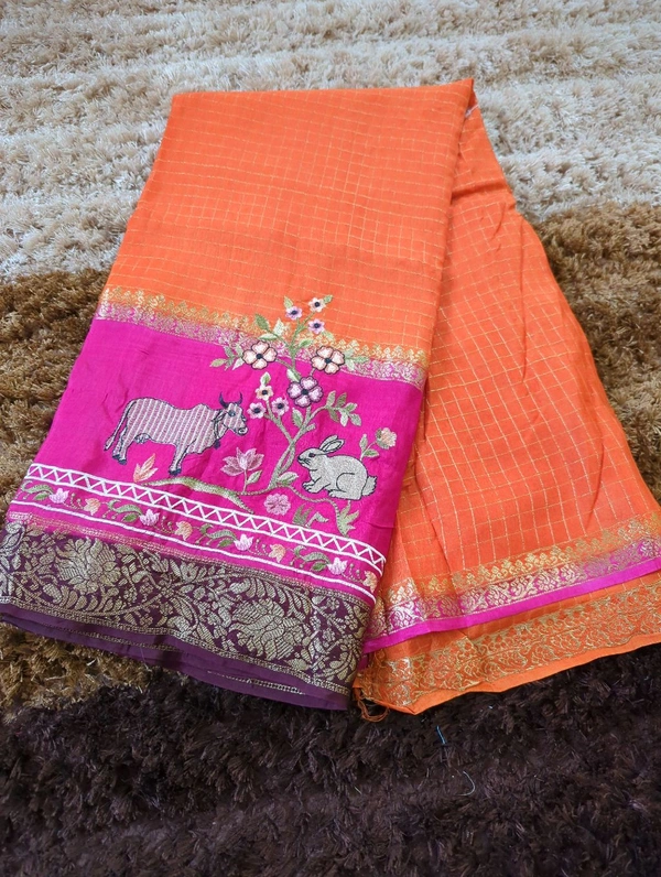Pure Dola With Embroidery  - orange
