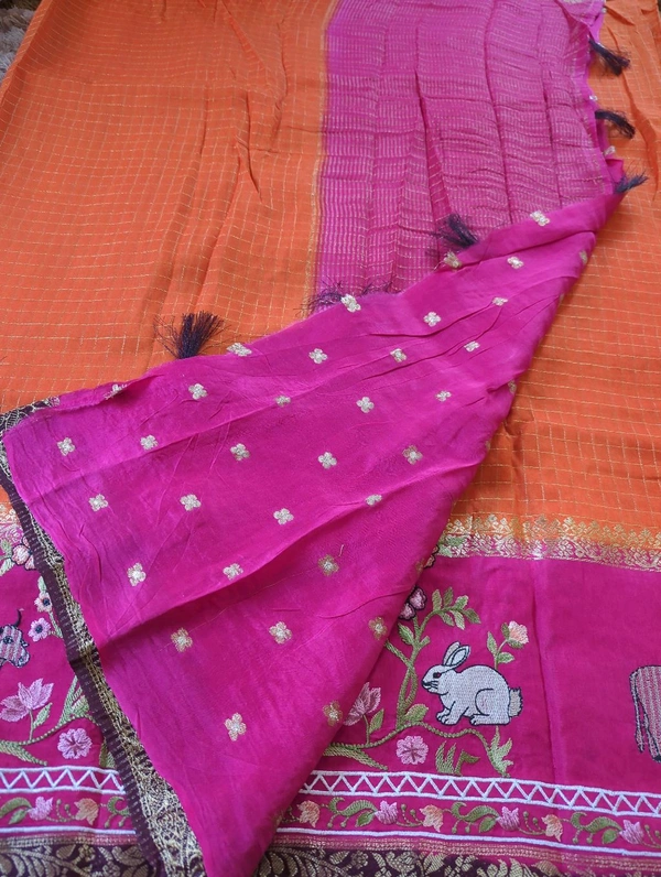 Pure Dola With Embroidery  - orange