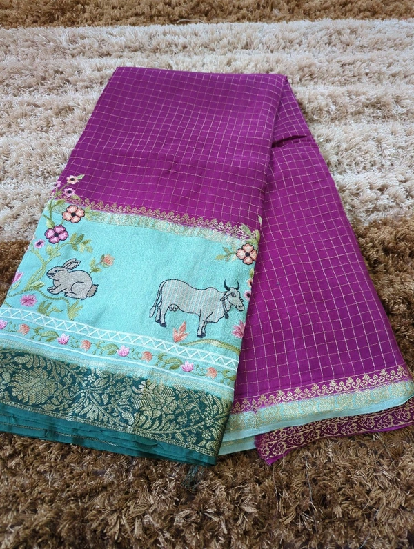 Pure Dola With Embroidery  - Purple and sky blue