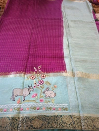 Pure Dola With Embroidery  - Purple and sky blue