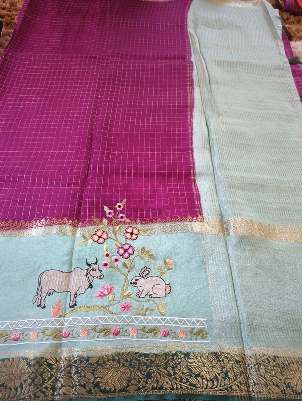 Pure Dola With Embroidery  - Purple and sky blue