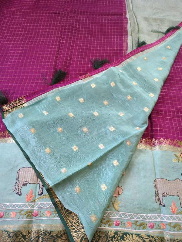Pure Dola With Embroidery  - Purple and sky blue