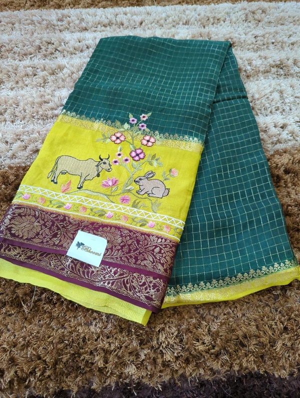 Pure Dola With Embroidery  - dark green