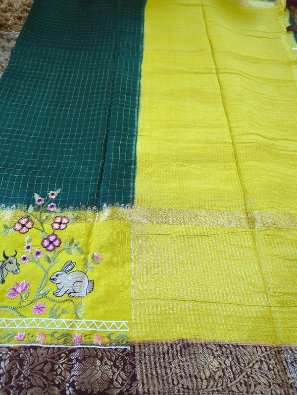 Pure Dola With Embroidery  - dark green