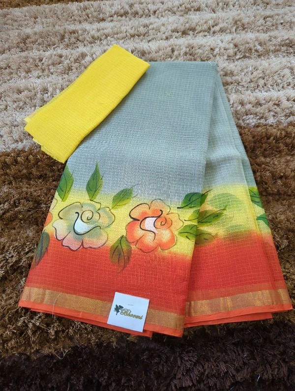 Pure Cotton Kota Block Print - Gray and yellow