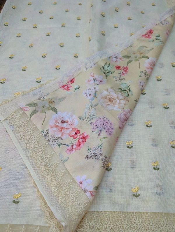 Designer Kota Embroidery  - Cream