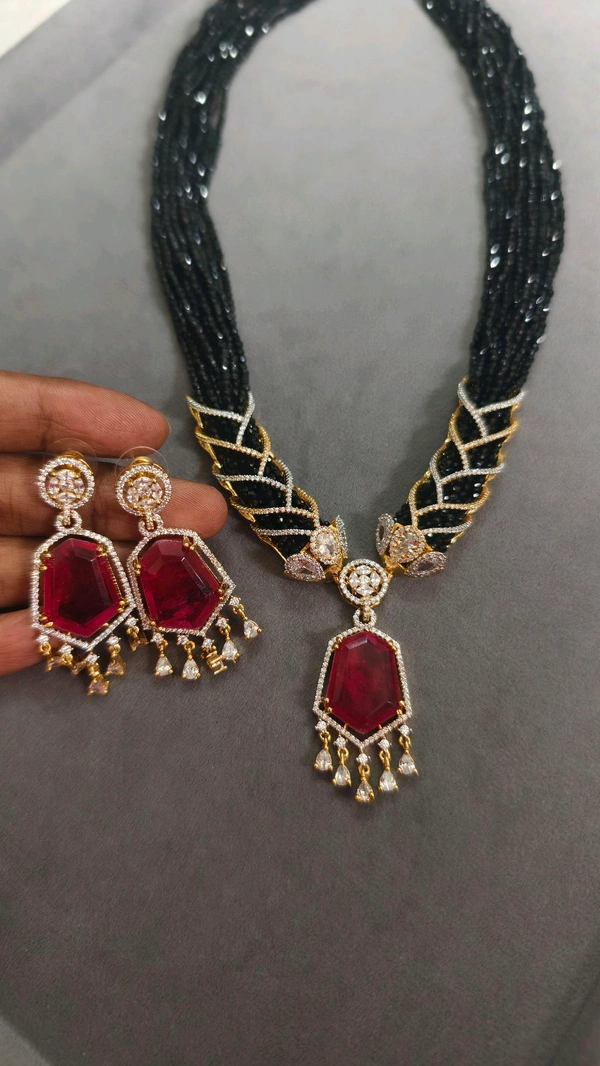 Diamond Copy Black Beads With Real Ad Stones - Red