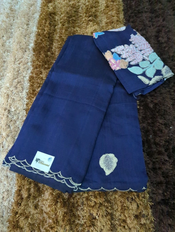 Pure Hand Loom Mangalagiri  With Designer Blouse - Navy Blue 13