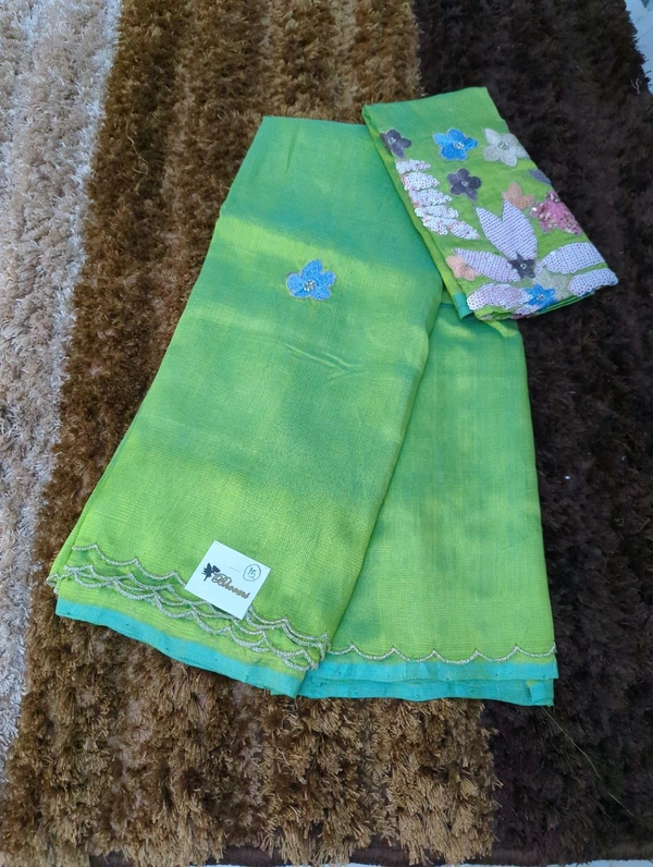 Pure Hand Loom Mangalagiri  With Designer Blouse - Screamin' Green 15