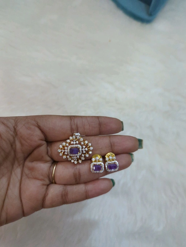 Diamond Replica Pandant With Ear Studs  - Vz, Heliotrope