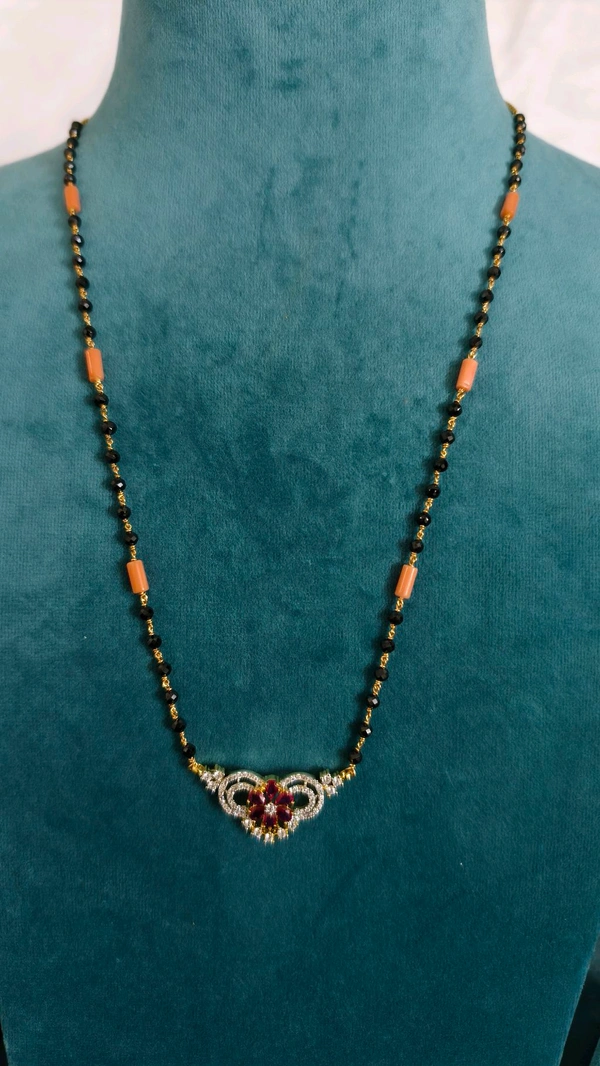 3mm Black Cz's And Corals With Diamond Copy Pendant  - ruby, 22 Inches, Vz