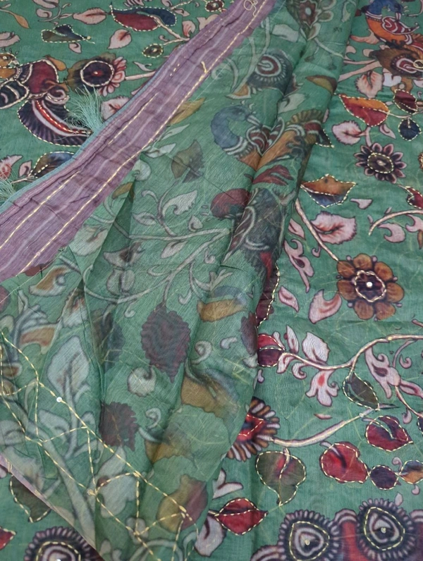 Soft Chanderi With Kantha Work  - green