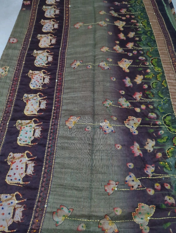 Soft Chanderi Kantha - green