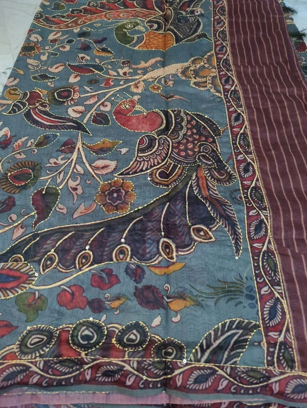 Soft Chanderi With Kantha Work  - Gray