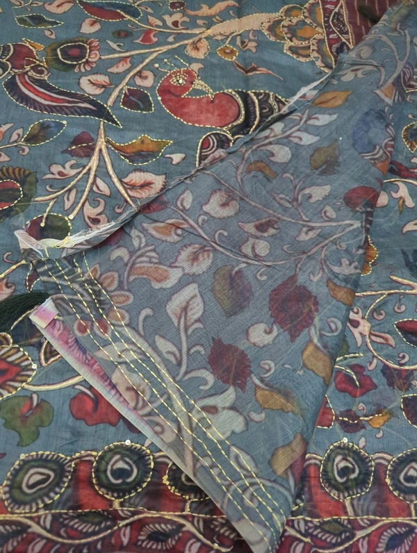 Soft Chanderi With Kantha Work  - Gray