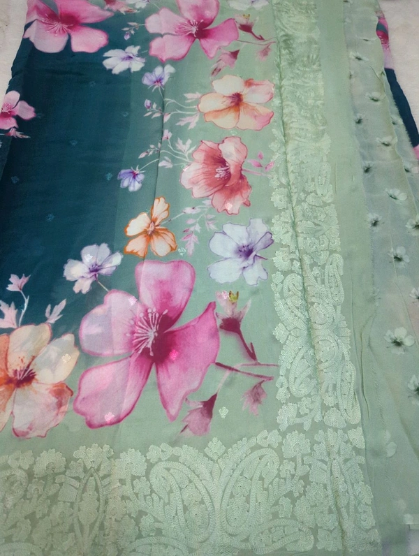 Pure Georgette Embroidery  - teal 6