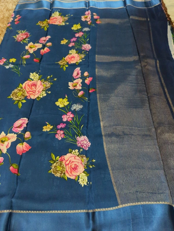 Pure Crepe With Satin Border  - blue 13