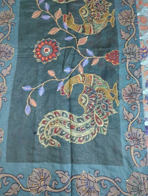 Soft Chanderi Kantha Work - sky blue