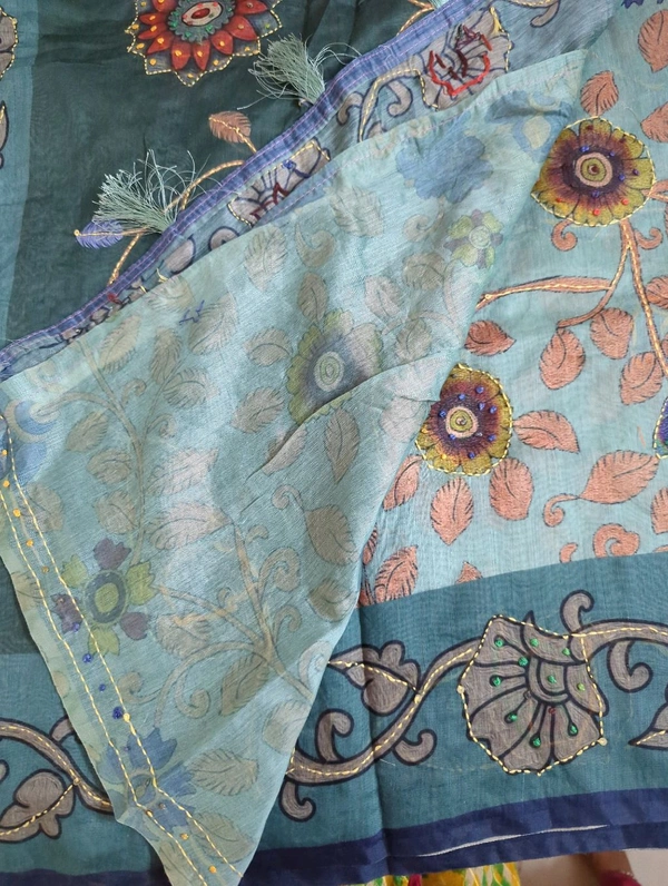 Soft Chanderi Kantha Work - sky blue