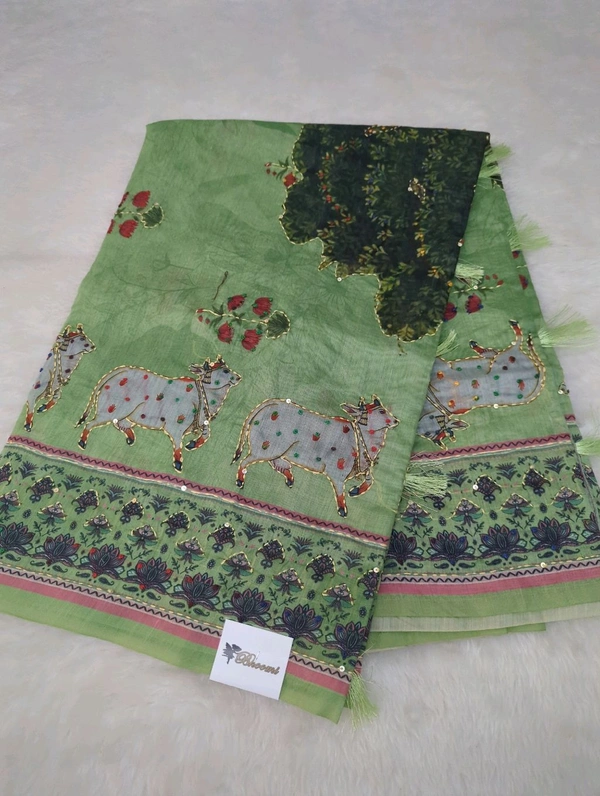 Soft Chanderi Kantha Work - Green