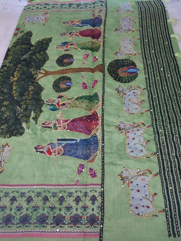 Soft Chanderi Kantha Work - Green