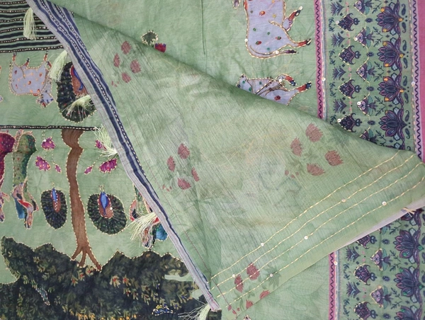 Soft Chanderi Kantha Work - Green