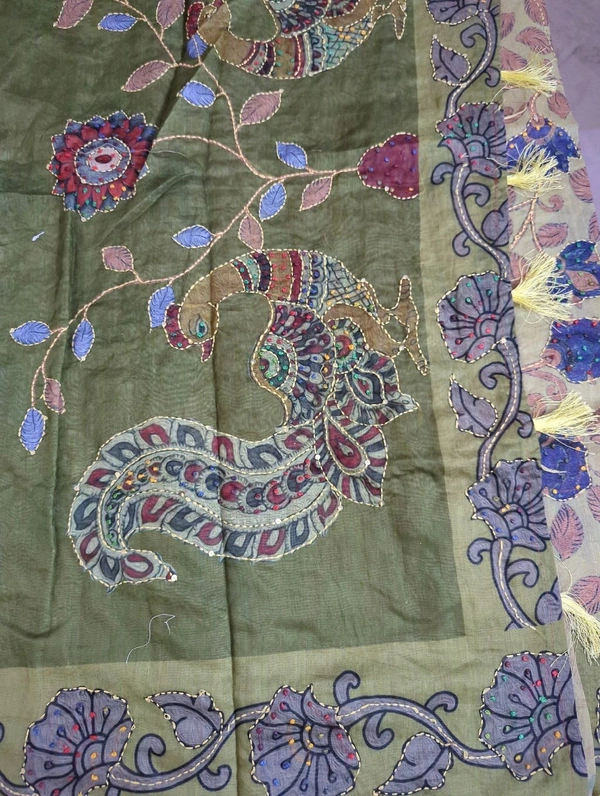 Soft Chanderi Kantha Work - green