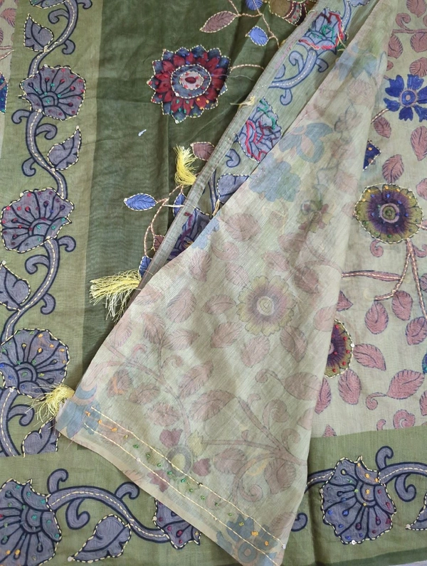 Soft Chanderi Kantha Work - green