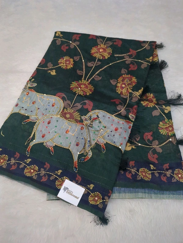 Soft Chanderi Kantha Work - Dark green