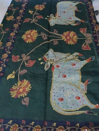 Soft Chanderi Kantha Work - Dark green