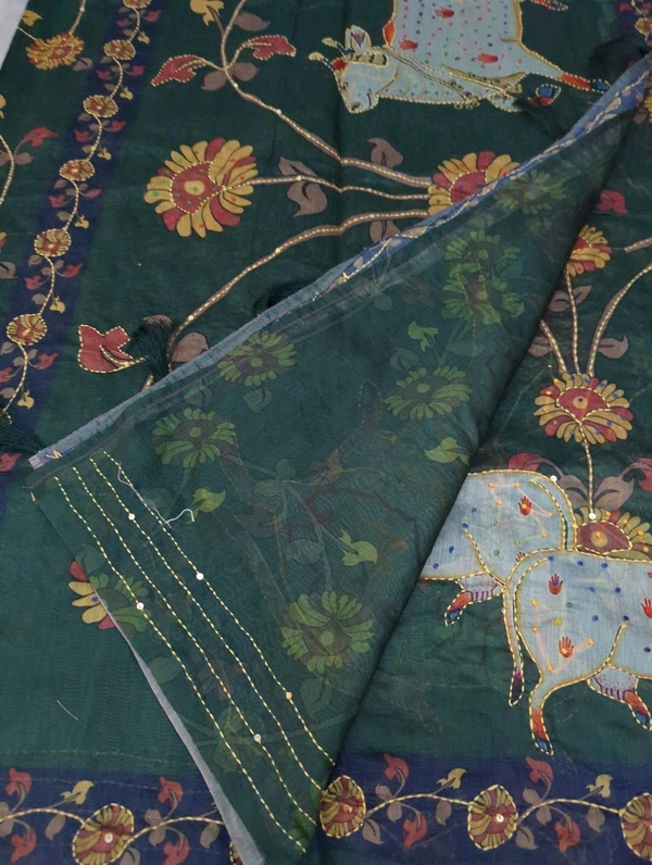 Soft Chanderi Kantha Work - Dark green