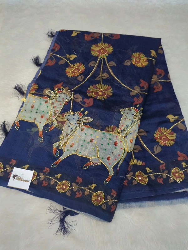 Soft Chanderi Kantha Work - Dark Blue