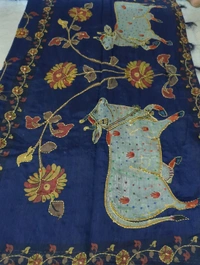 Soft Chanderi Kantha Work - Dark Blue