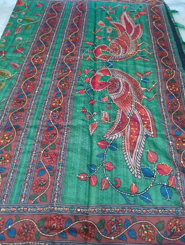 Soft Chanderi Kantha Work - green