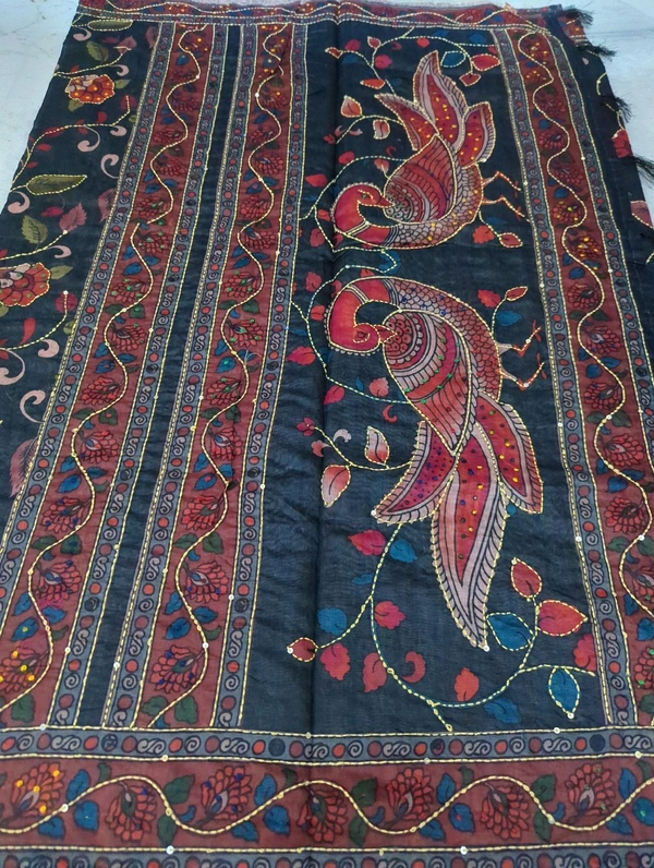 Soft Chanderi Kantha Work - black