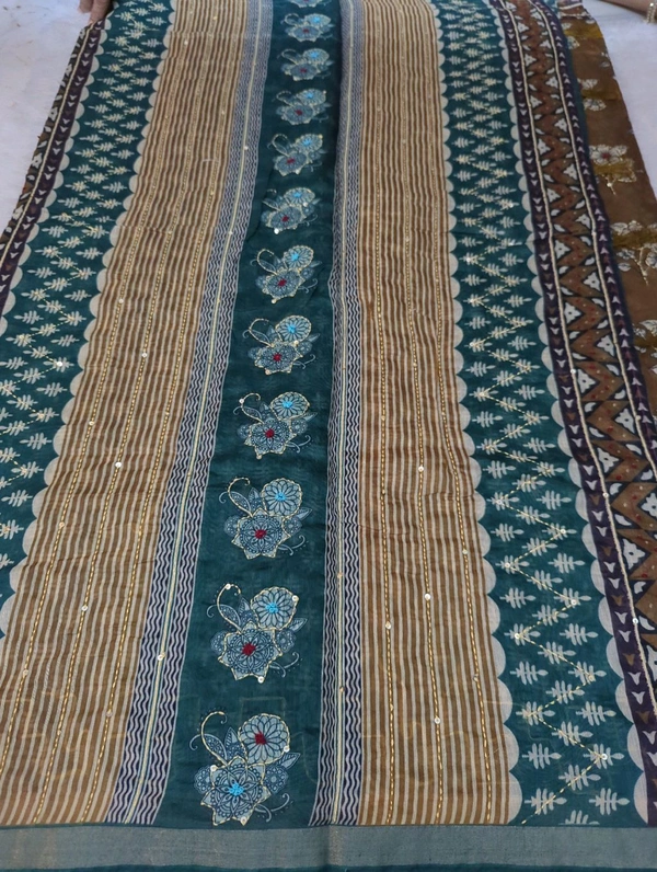 Soft Chanderi Kantha Work - Olive