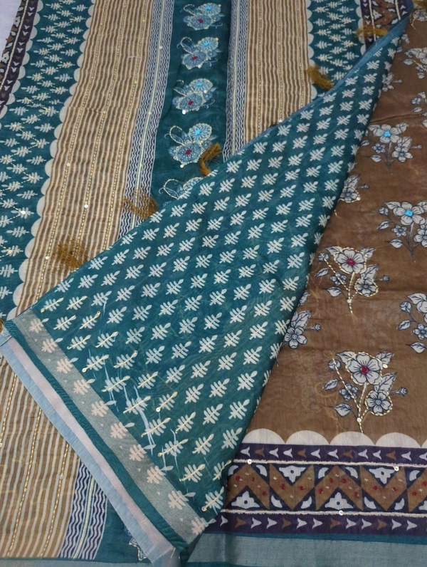 Soft Chanderi Kantha Work - Olive