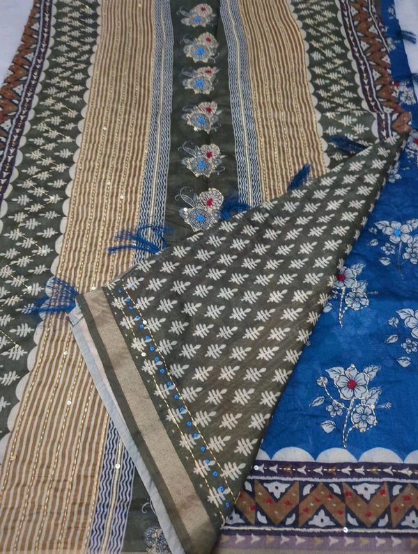 Soft Chanderi Kantha Work - Blue